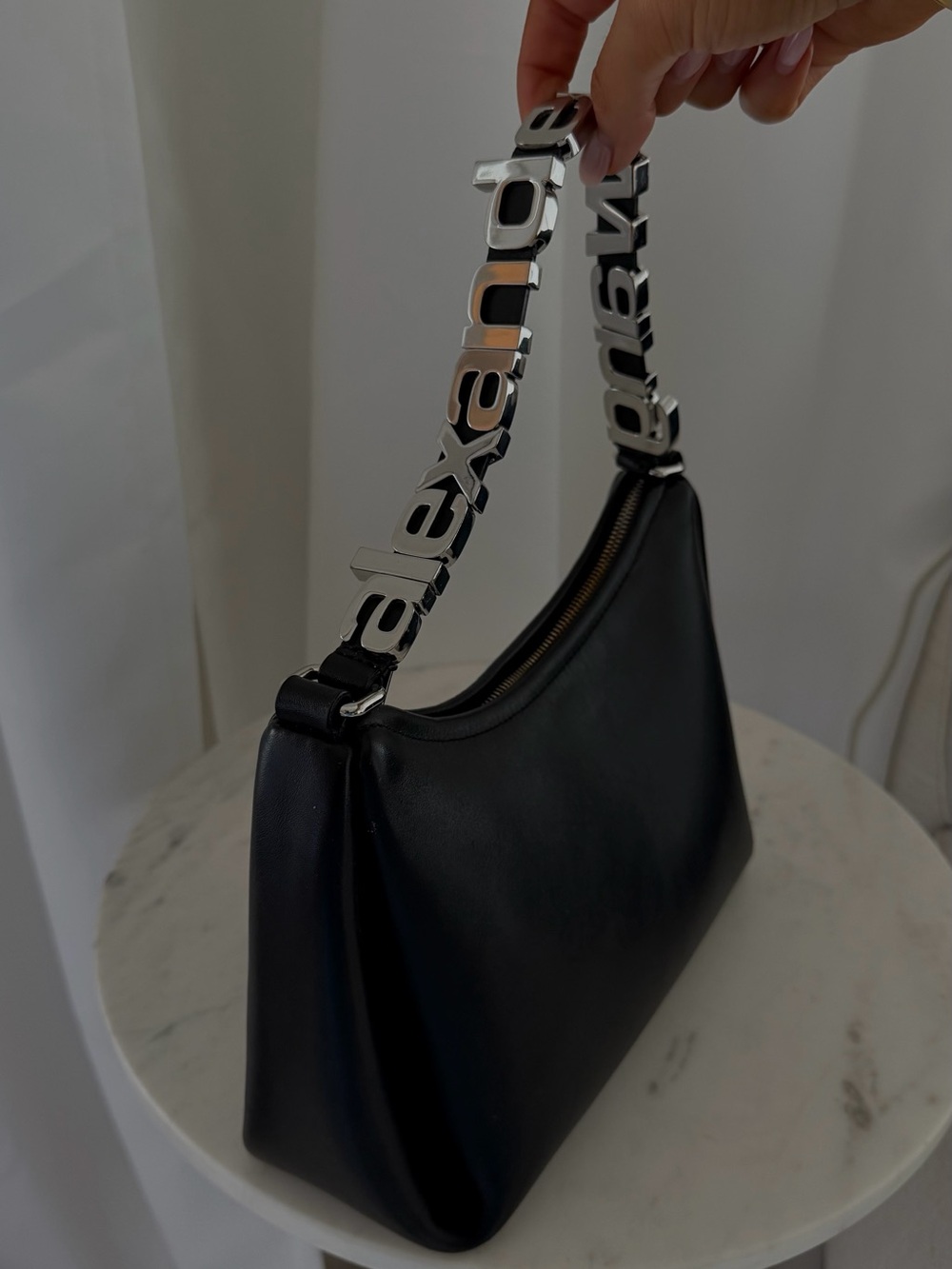 Alexander Wang Black Leather Shoulder Bag with Silver Logo Strap